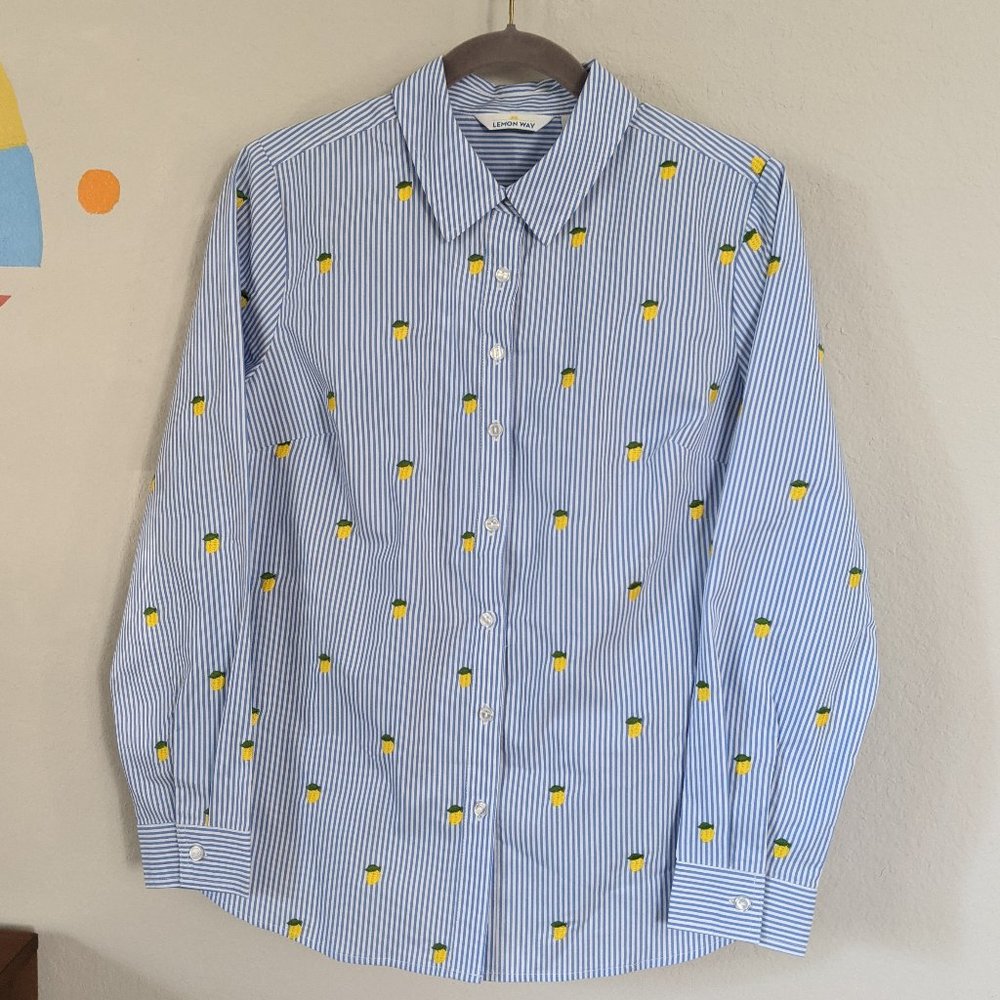 Quirky Blue Stripe Lemon Button Down Shirt